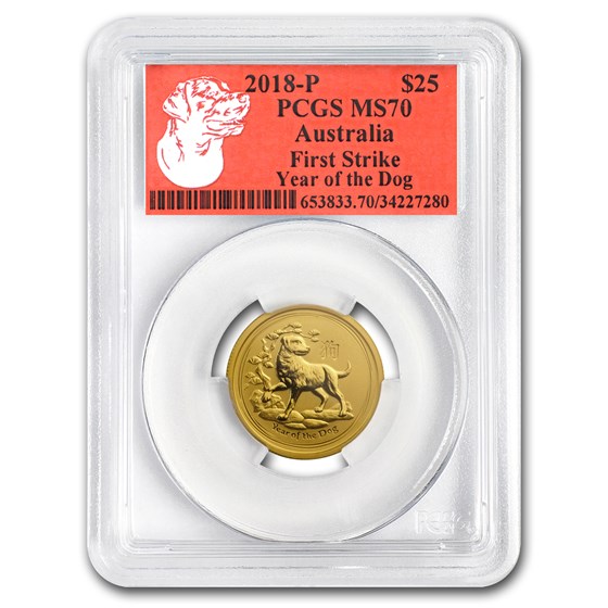 2018 AUS 1/4 oz Gold Lunar Dog MS-70 PCGS (FS, Red Label) 2018 AUS 1/4 oz Gold Lunar Dog MS-70 PCGS (FS, Red Label)